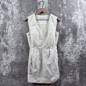 Diane von Furstenburg Dress 8 Womens White Shift V Neck Lace Knit